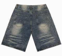Vale Siren Rhinestone Crosshatch Distressed Denim Shorts
