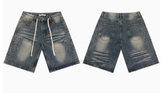Vale Siren Rhinestone Crosshatch Distressed Denim Shorts