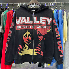 Vale American hip-hop style cartoon character hooded zipper sweatshirt for men and women retro vintage vintage vintage casual cardigan jacket trend