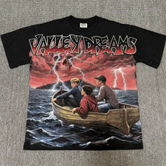 Vale Valley Retro Skull Printed Short sleeved T-shirt for Men and Women, Loose High Street Style, Trendy Hot Diamond Top