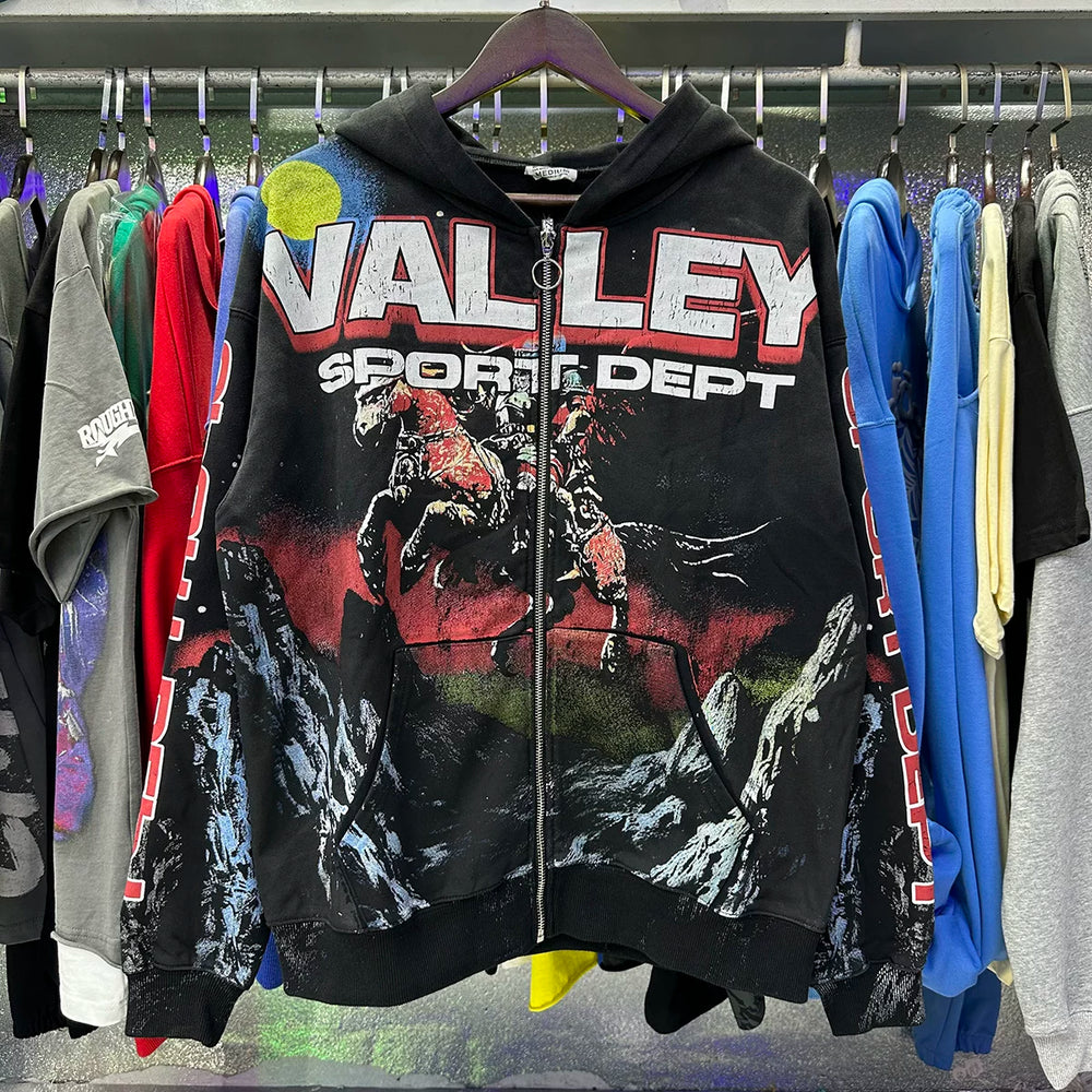 Vale Valley Sport Dept Knight Washed Cement Print Used Hoodie Zipper cardigan Coat Trendy