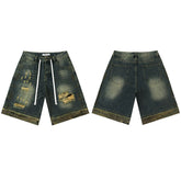 Vale Valley Street Piercing Rivet Decoration Denim Shorts Men's and Women's Loose Straight Tube Vintage Pentagram Pants Trendy