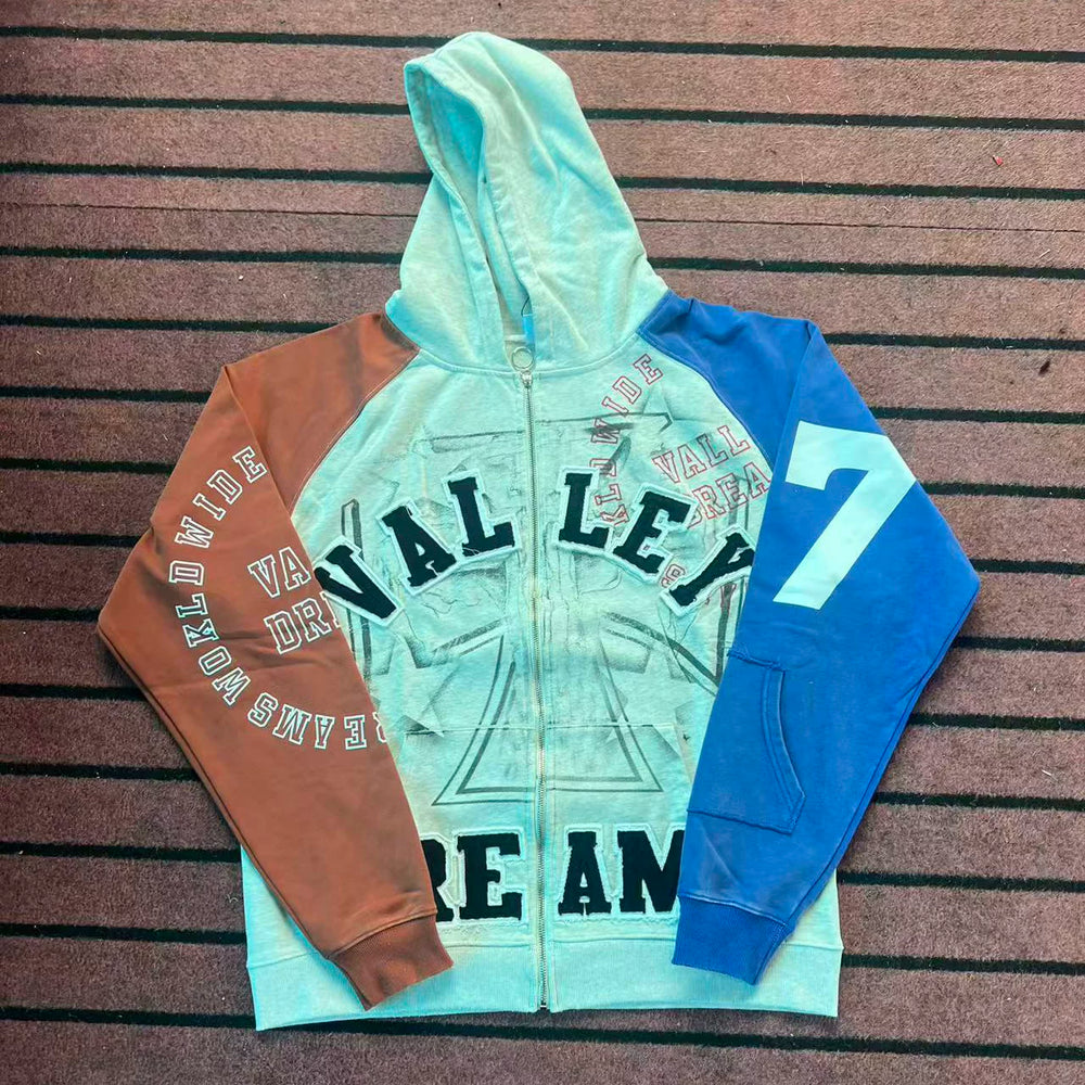 Trendy Vale Valley loose cardigan hooded sweatshirt men's and women's retro patchwork letter embroidered zipper jacket