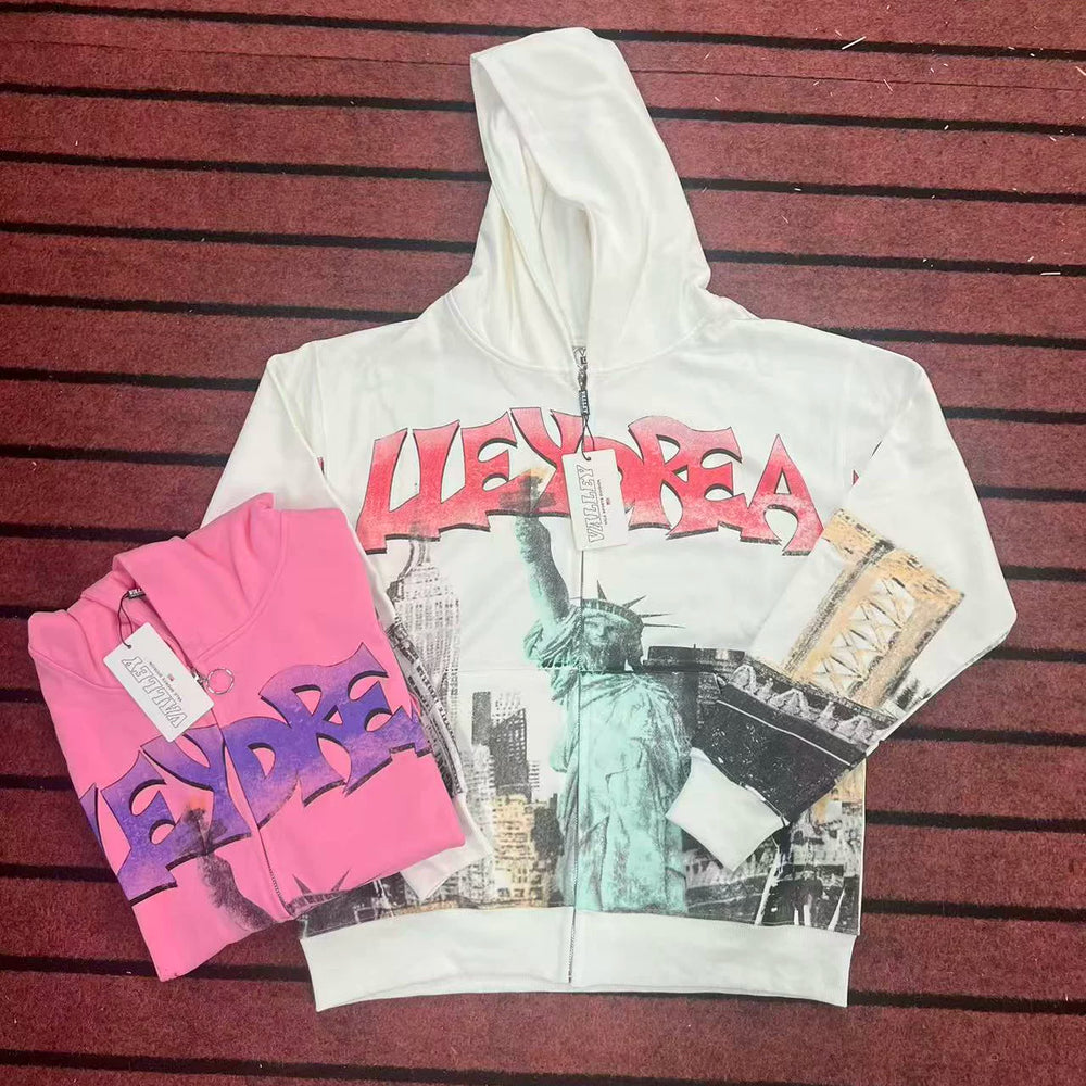 Vale Valley American High Street Statue of Liberty Printed Men's and Women's Loose Cardigan Hoodie Jacket Autumn
