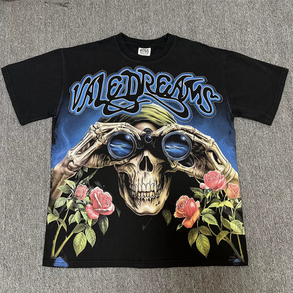 Vale Valley American high street style skull print short sleeved T-shirt for men and women, loose hot stamping trendy brand top for couples