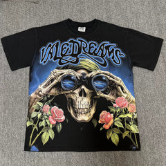Vale Valley American high street style skull print short sleeved T-shirt for men and women, loose hot stamping trendy brand top for couples