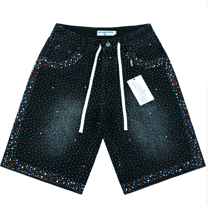Vale Forever Rainbow Rhinestone Distressed Denim Shorts