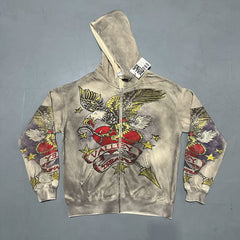 Fashion Vale Forever Nostalgia Eagle Mud Print Washed Water Used Cardigan Hoodie Hoodie Men and Women