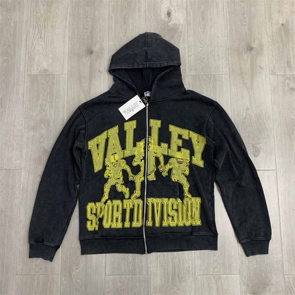 Vale Forever VALLEY ZIP UP HOODIE Embroidered cardigan sweatshirt, distressed hooded jacket, trendy
