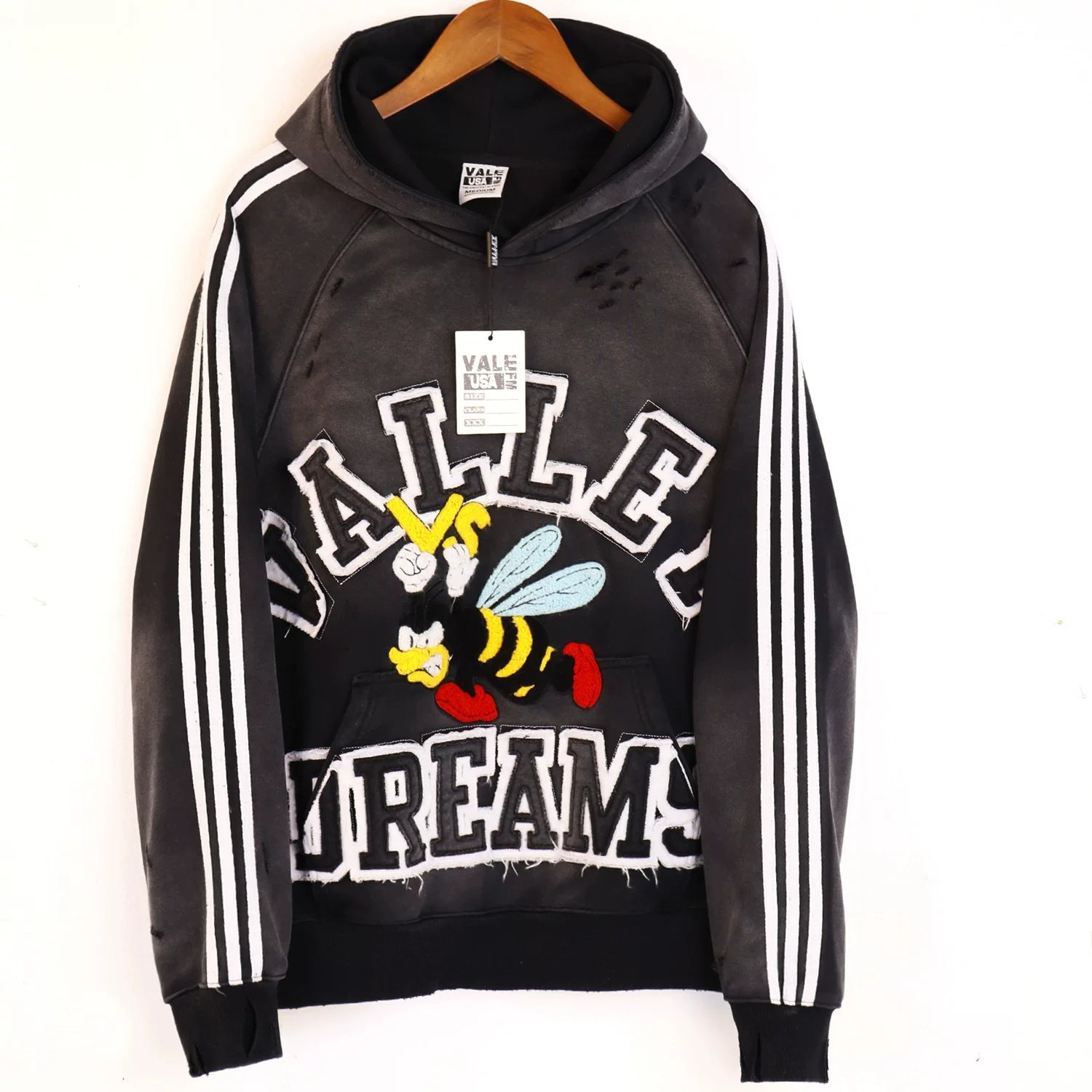 Vale Valley Little Bee Embroidered Loose Striped Ribbon Hoodie, Used, Washed, Scratched, Pullover Hoodie