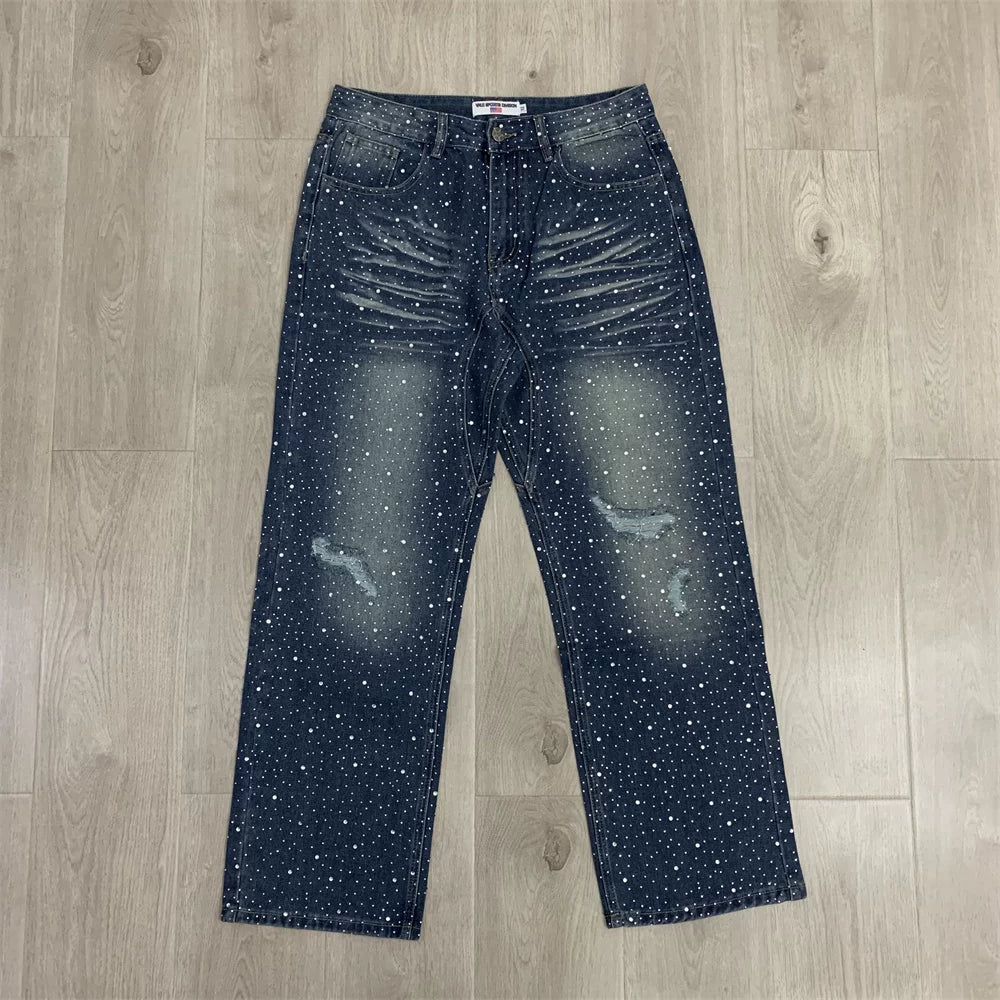 Vale Forever RAIN CLASSIC DENIM trendy brand full of hot rhinestone ripped jeans trousers