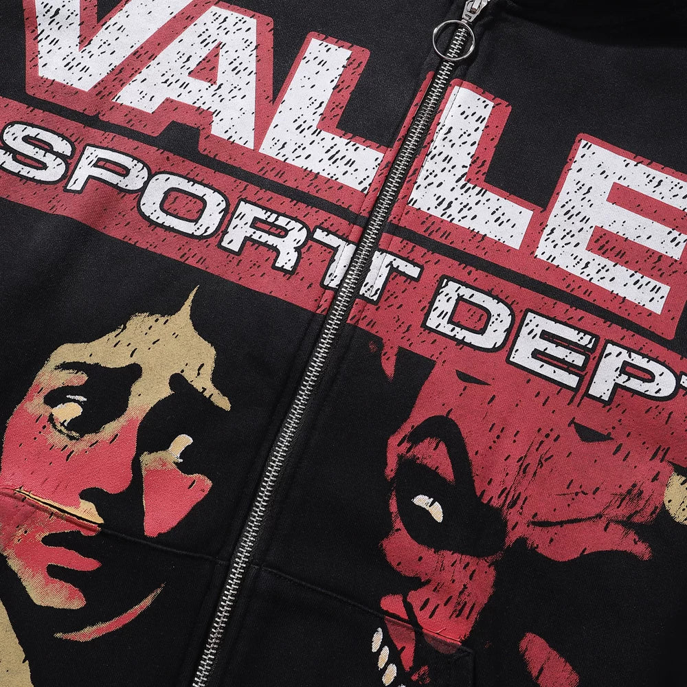 Vale American hip-hop style cartoon character hooded zipper sweatshirt for men and women retro vintage vintage vintage casual cardigan jacket trend