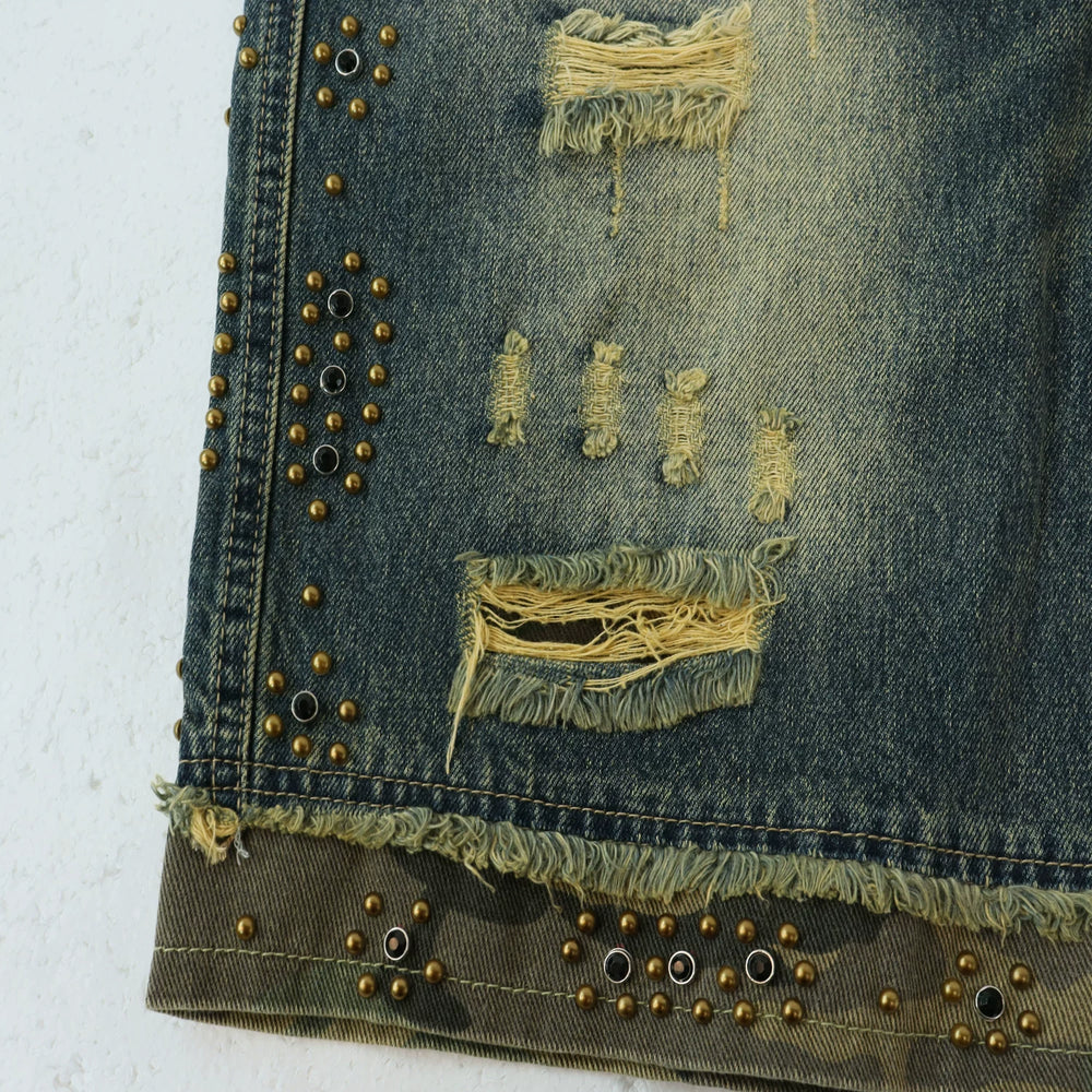 Vale Valley Street Piercing Rivet Decoration Denim Shorts Men's and Women's Loose Straight Tube Vintage Pentagram Pants Trendy