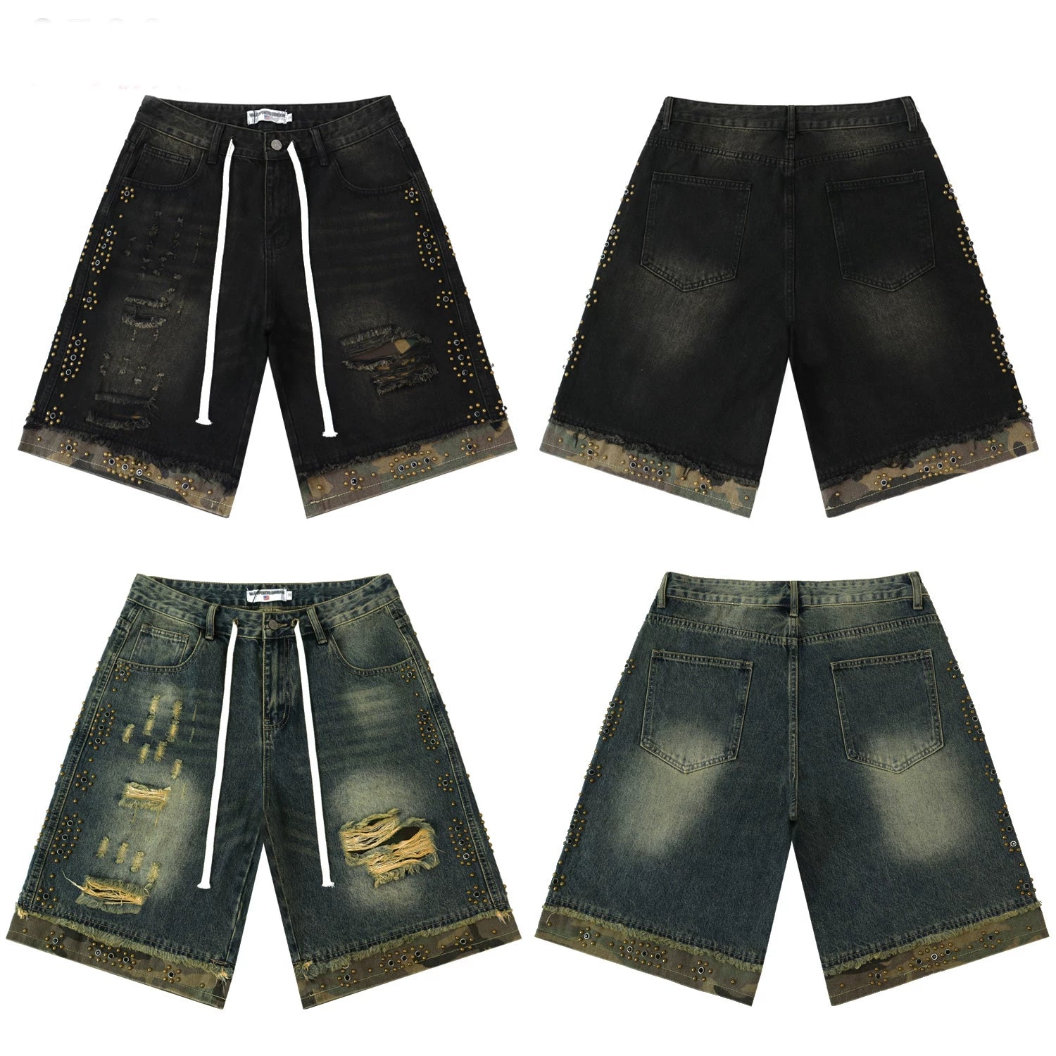 Vale Valley Street Piercing Rivet Decoration Denim Shorts Men's and Women's Loose Straight Tube Vintage Pentagram Pants Trendy