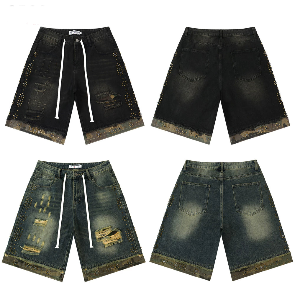 Vale Valley Street Piercing Rivet Decoration Denim Shorts Men's and Women's Loose Straight Tube Vintage Pentagram Pants Trendy