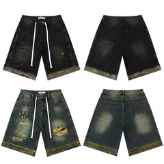 Vale Valley Street Piercing Rivet Decoration Denim Shorts Men's and Women's Loose Straight Tube Vintage Pentagram Pants Trendy