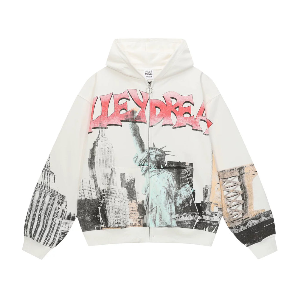 Vale Valley American High Street Statue of Liberty Printed Men's and Women's Loose Cardigan Hoodie Jacket Autumn