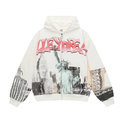 Vale Valley American High Street Statue of Liberty Printed Men's and Women's Loose Cardigan Hoodie Jacket Autumn