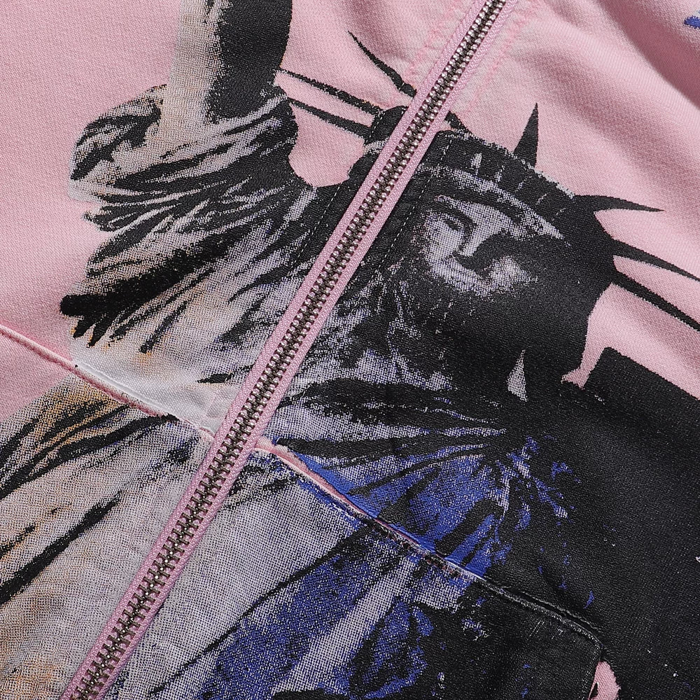 Fashion Vale Valley Statue of Liberty print worn out distressed cardigan hooded sweatshirt men's and women's loose jacket
