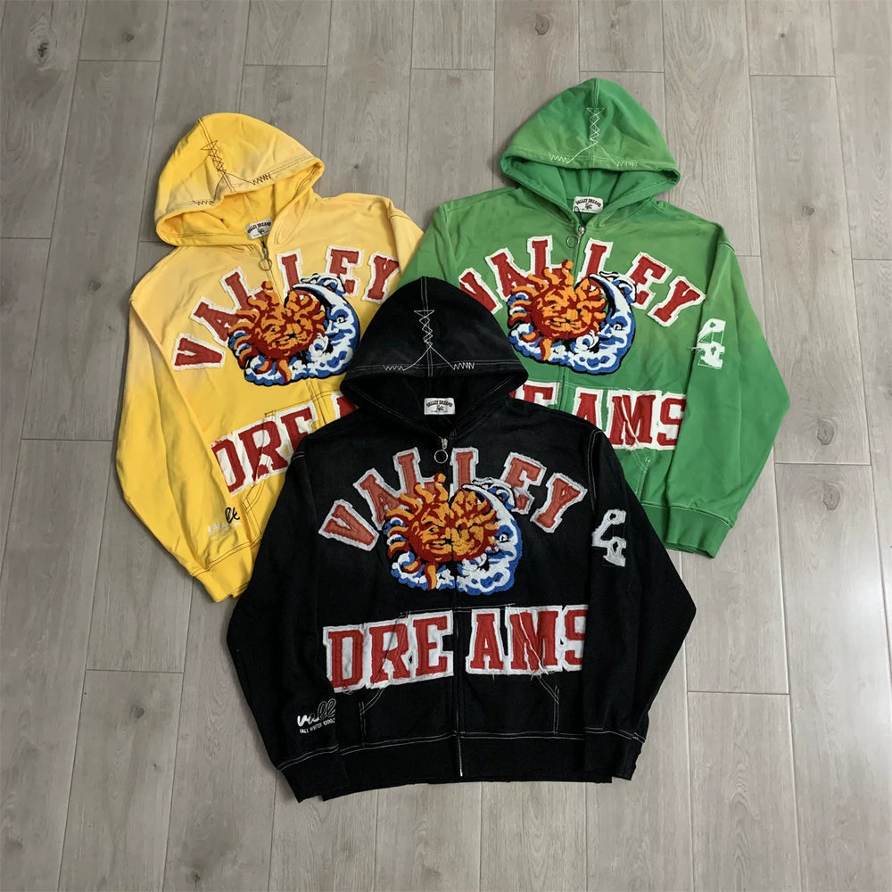vale valley美式毛巾绣字母开衫连帽卫衣男女宽松做旧拉链外套潮