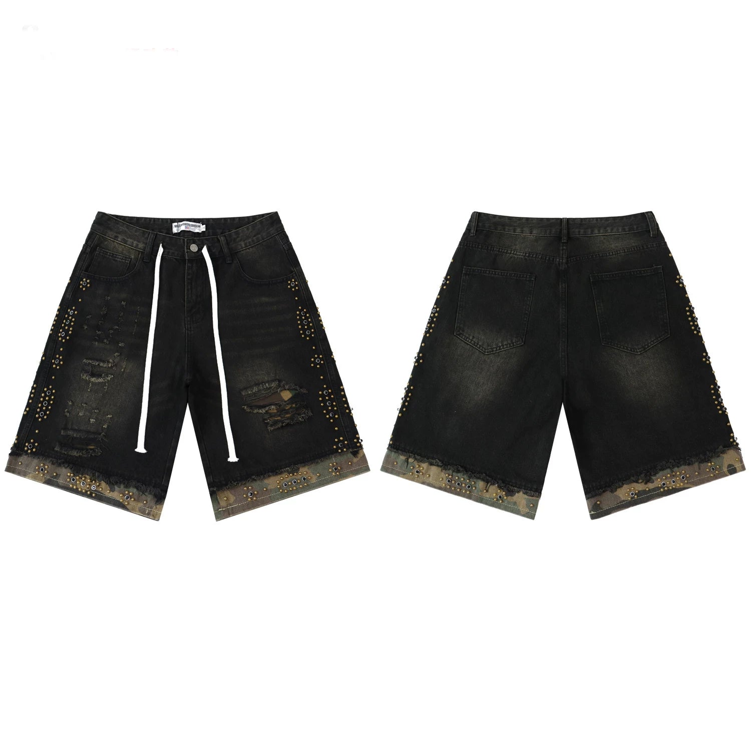 Vale Valley Street Piercing Rivet Decoration Denim Shorts Men's and Women's Loose Straight Tube Vintage Pentagram Pants Trendy