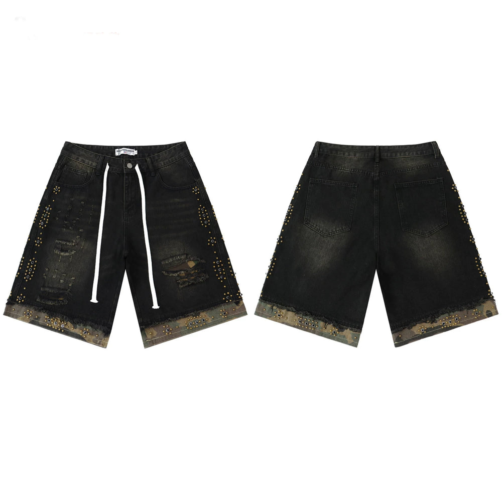 Vale Valley Street Piercing Rivet Decoration Denim Shorts Men's and Women's Loose Straight Tube Vintage Pentagram Pants Trendy
