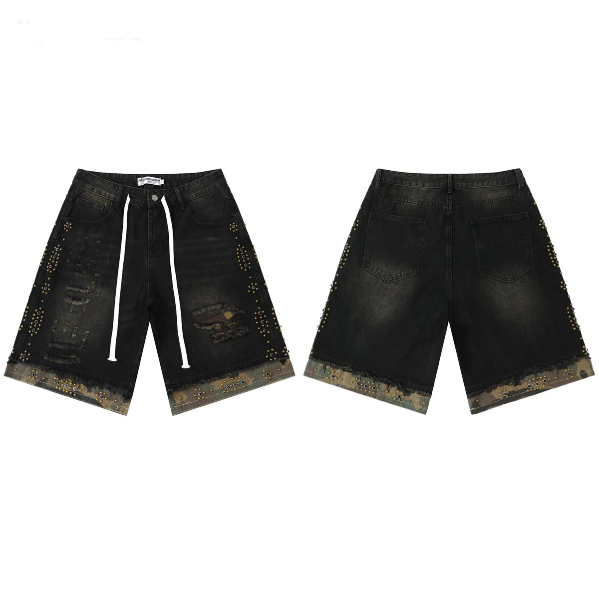 Vale Valley Street Piercing Rivet Decoration Denim Shorts Men's and Women's Loose Straight Tube Vintage Pentagram Pants Trendy
