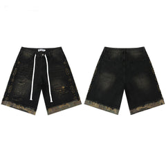 Vale Valley Street Piercing Rivet Decoration Denim Shorts Men's and Women's Loose Straight Tube Vintage Pentagram Pants Trendy