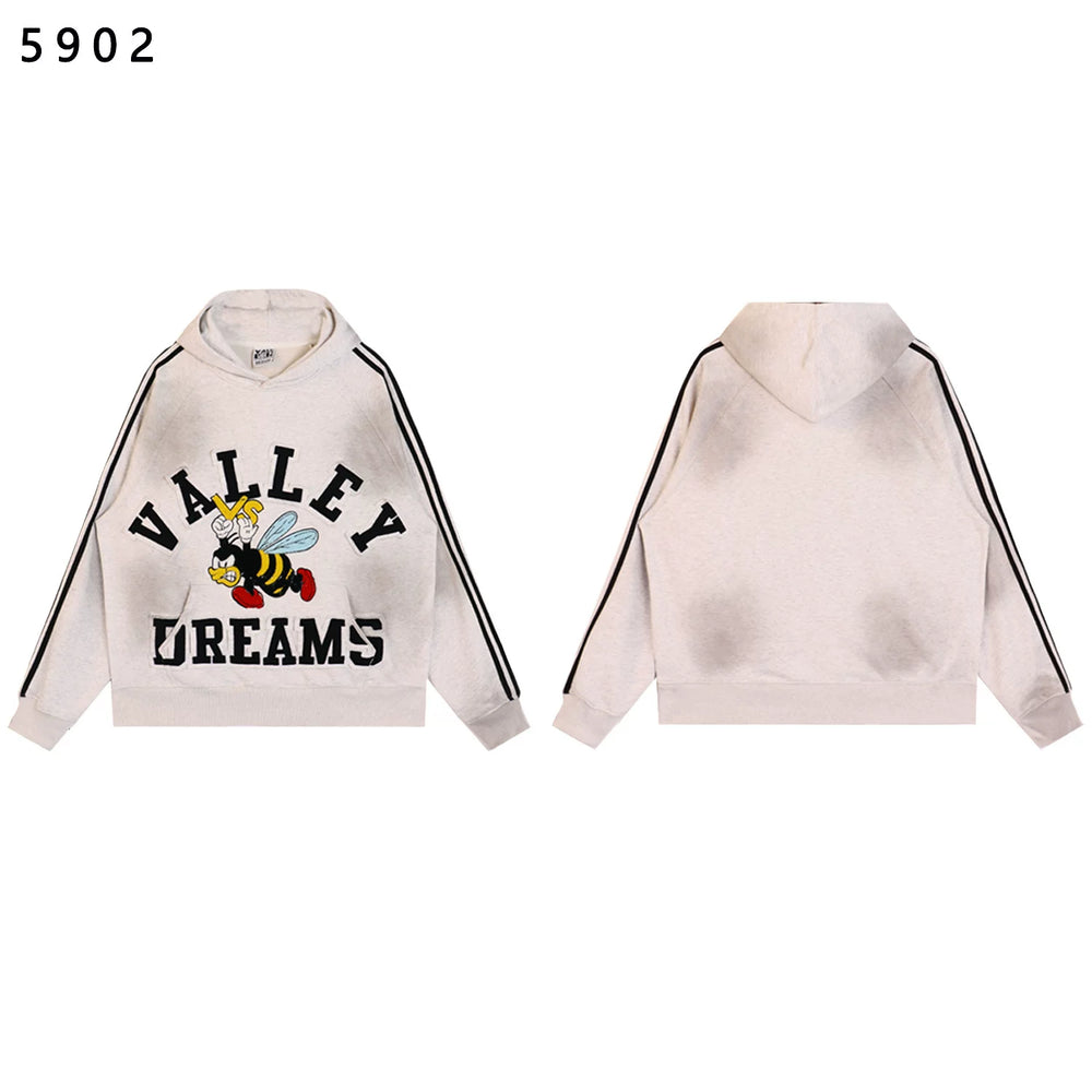 Vale Valley Little Bee Embroidered Loose Striped Ribbon Hoodie, Used, Washed, Scratched, Pullover Hoodie