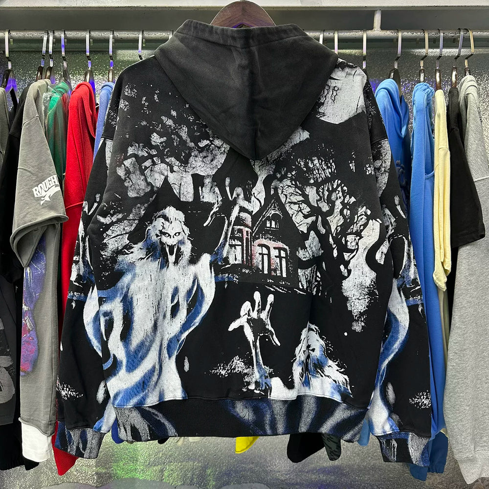 Vale Valley Casper Ghost Printed Retro Washed Laundry Cardigan Hoodie Jacket for Men and Women