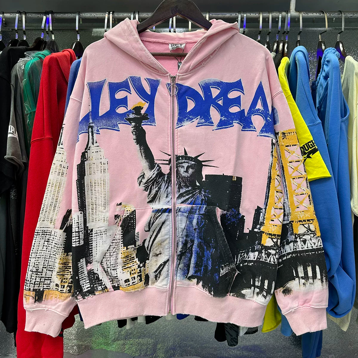 Fashion Vale Valley Statue of Liberty print worn out distressed cardigan hooded sweatshirt men's and women's loose jacket