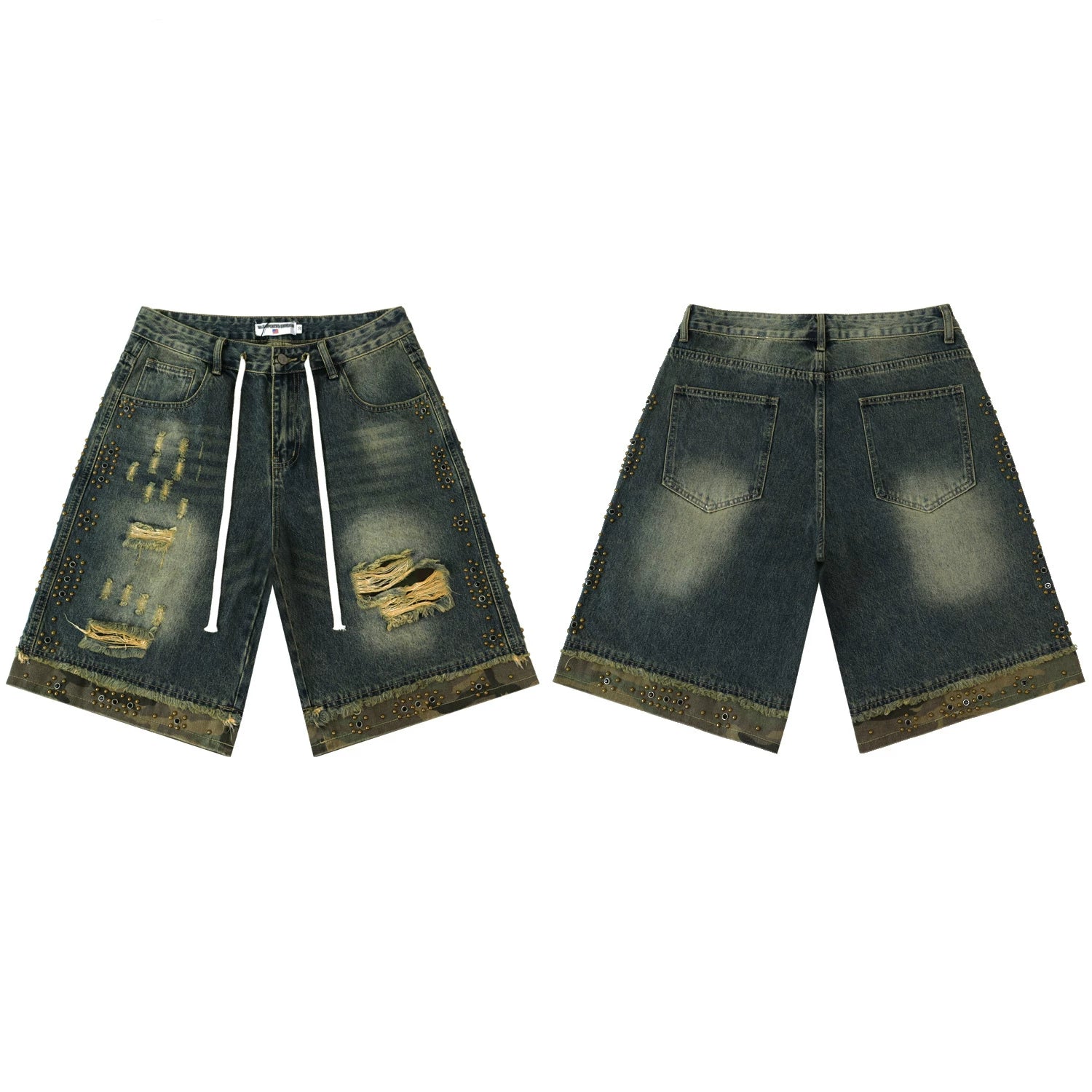 Vale Valley Street Piercing Rivet Decoration Denim Shorts Men's and Women's Loose Straight Tube Vintage Pentagram Pants Trendy