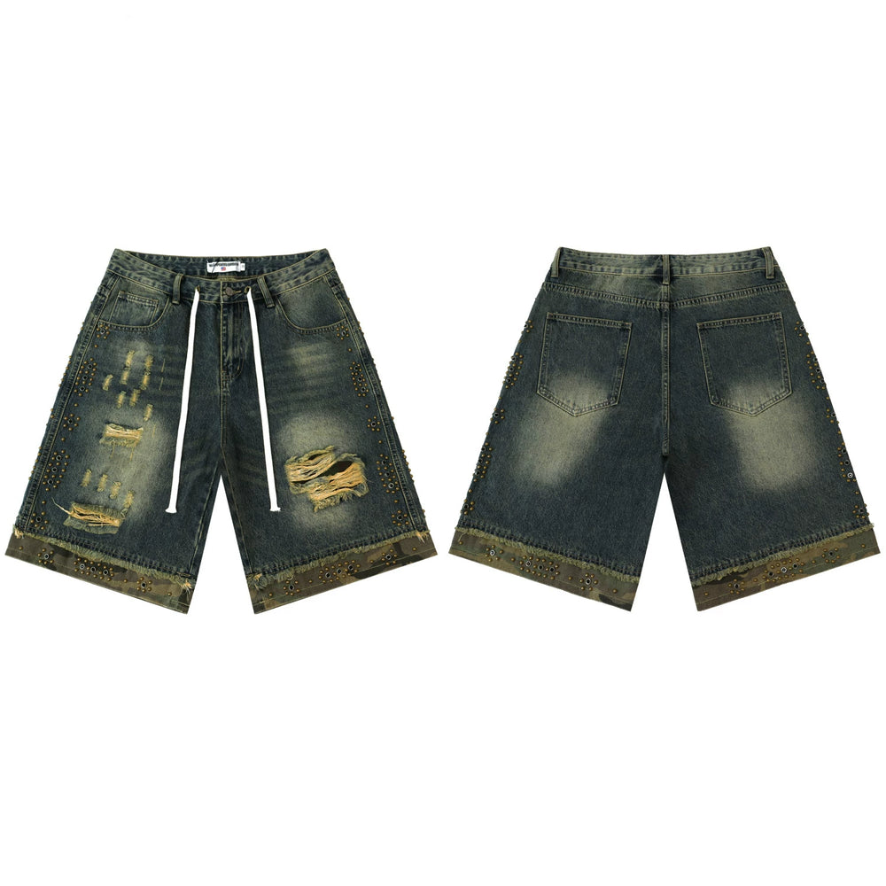 Vale Valley Street Piercing Rivet Decoration Denim Shorts Men's and Women's Loose Straight Tube Vintage Pentagram Pants Trendy
