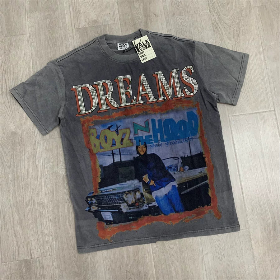 Vale Forever Valley Hot Diamond Washed Water Horse Willow Vintage Cotton T-shirt Loose Vintage Short Sleeve Summer