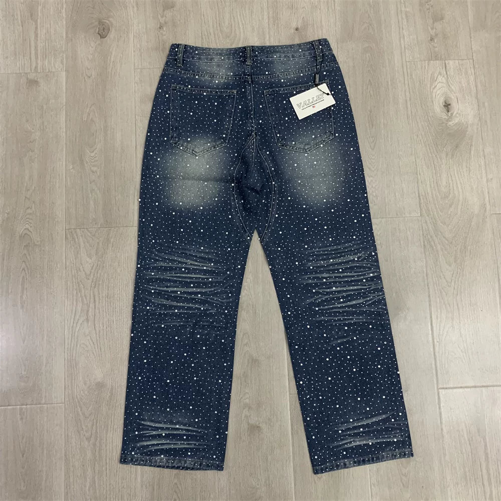 Vale Forever RAIN CLASSIC DENIM trendy brand full of hot rhinestone ripped jeans trousers