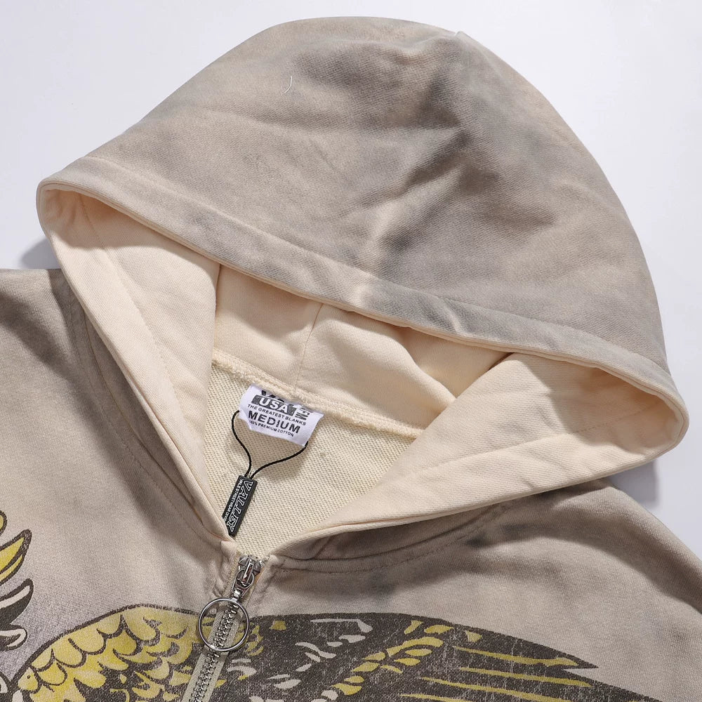 Fashion Vale Forever Nostalgia Eagle Mud Print Washed Water Used Cardigan Hoodie Hoodie Men and Women