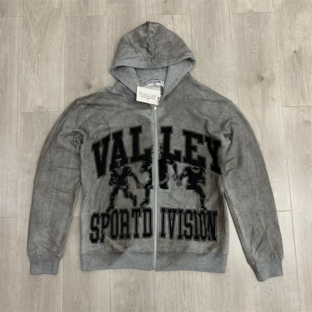 Vale Forever VALLEY ZIP UP HOODIE Embroidered cardigan sweatshirt, distressed hooded jacket, trendy