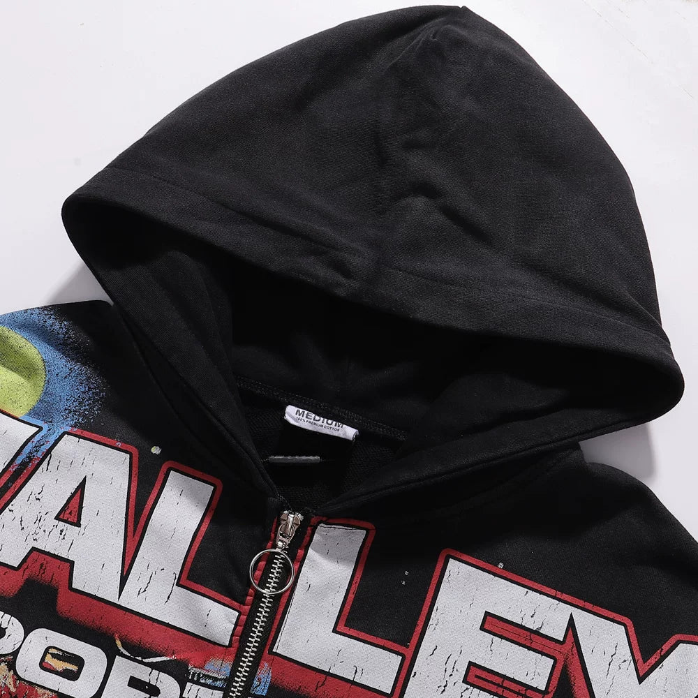 Vale Valley Sport Dept Knight Washed Cement Print Used Hoodie Zipper cardigan Coat Trendy