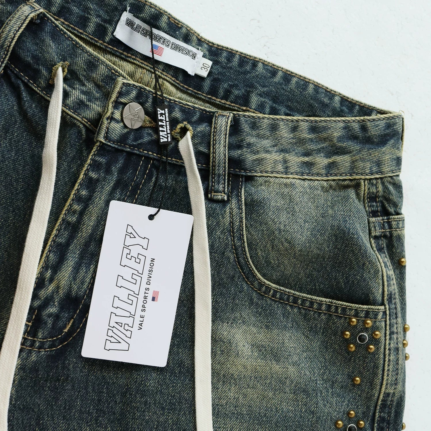Vale Valley Street Piercing Rivet Decoration Denim Shorts Men's and Women's Loose Straight Tube Vintage Pentagram Pants Trendy