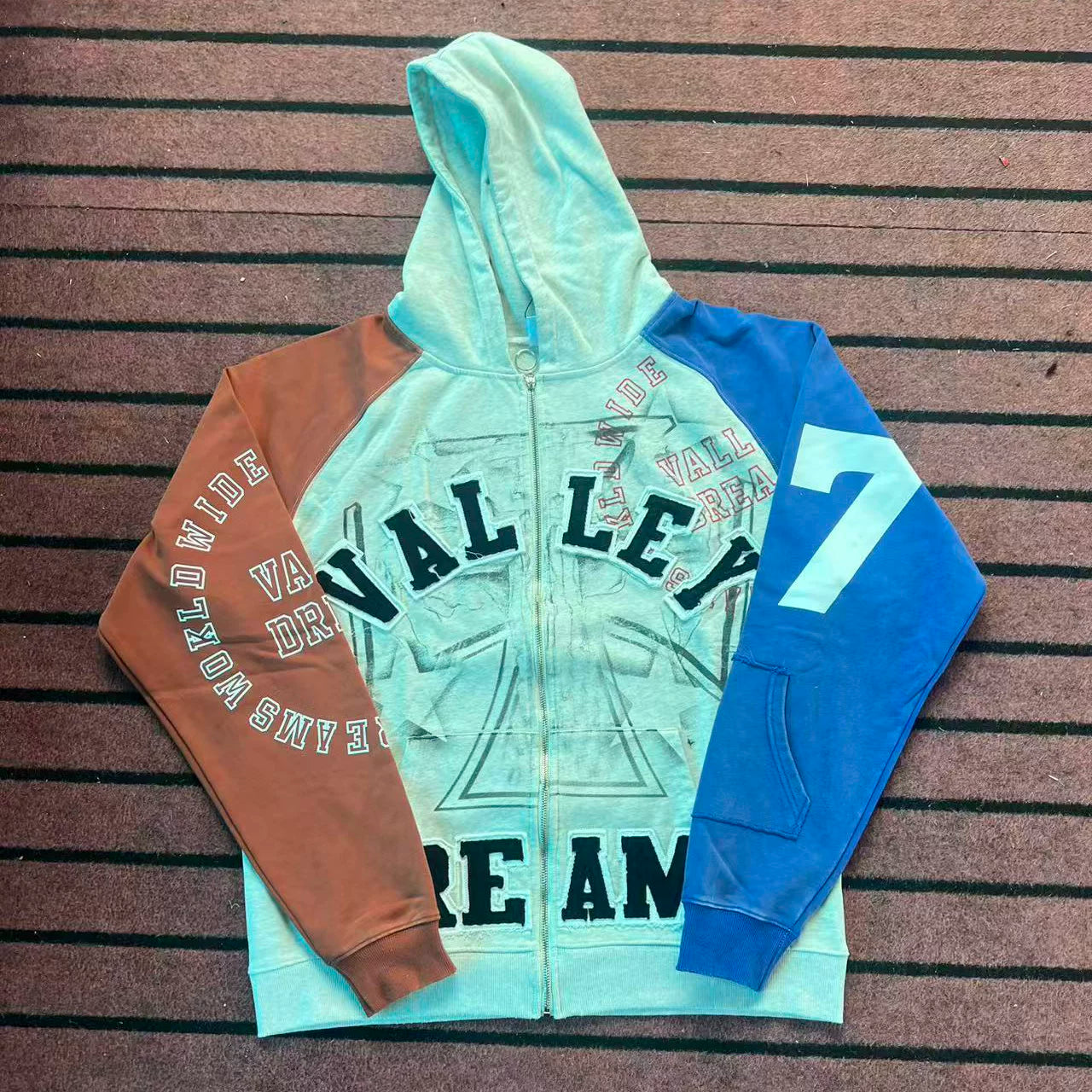 Trendy Vale Valley loose cardigan hooded sweatshirt men's and women's retro patchwork letter embroidered zipper jacket