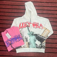 Vale Valley American High Street Statue of Liberty Printed Men's and Women's Loose Cardigan Hoodie Jacket Autumn