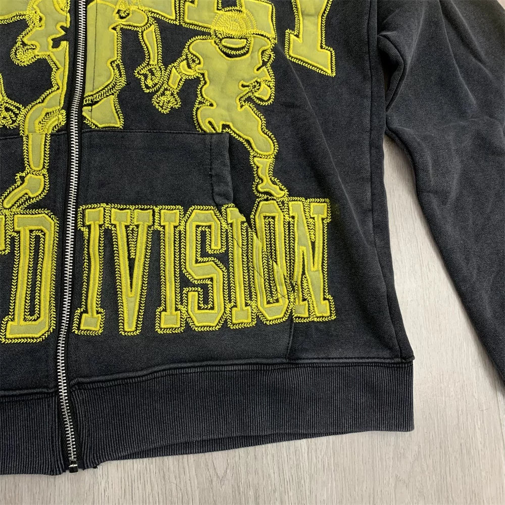 Vale Forever VALLEY ZIP UP HOODIE Embroidered cardigan sweatshirt, distressed hooded jacket, trendy