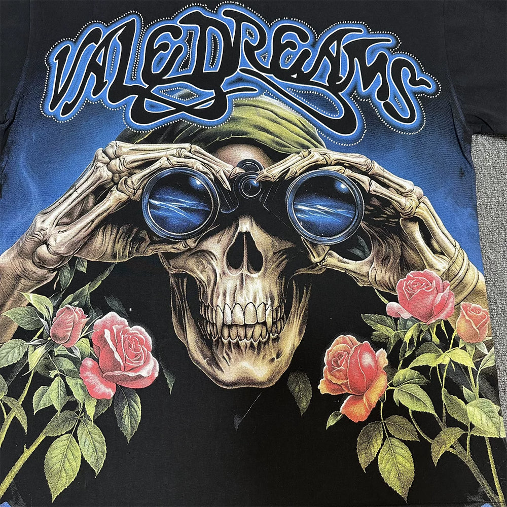 Vale Valley American high street style skull print short sleeved T-shirt for men and women, loose hot stamping trendy brand top for couples