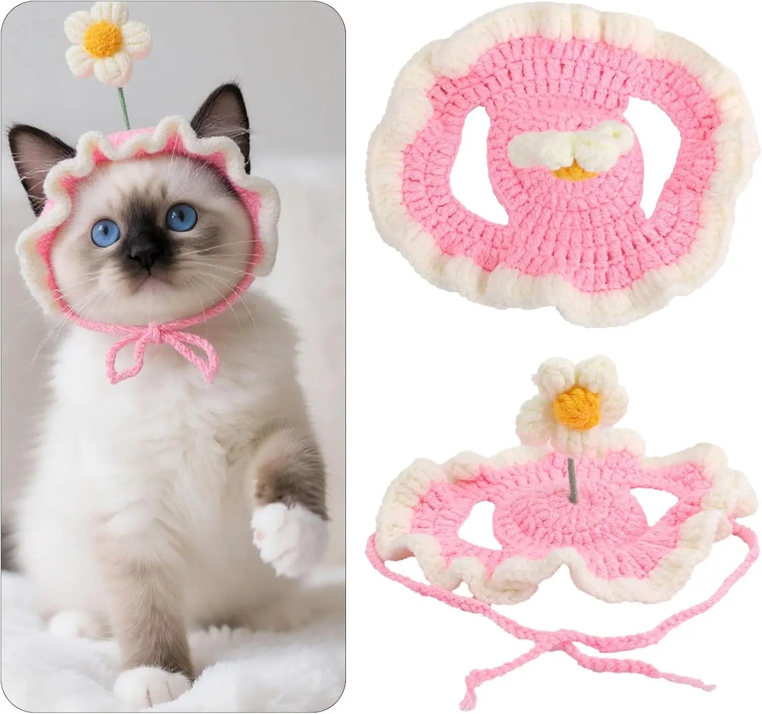 Cat Hat, Cute Flower Crochet Cat Hat Knitted Costume Headwear for Kitten Dog Puppy Pet Small Knit Cap Clothes Decoration