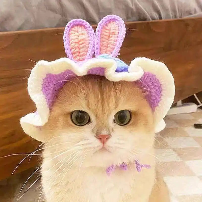 Cat Hat, Cute Flower Crochet Cat Hat Knitted Costume Headwear for Kitten Dog Puppy Pet Small Knit Cap Clothes Decoration