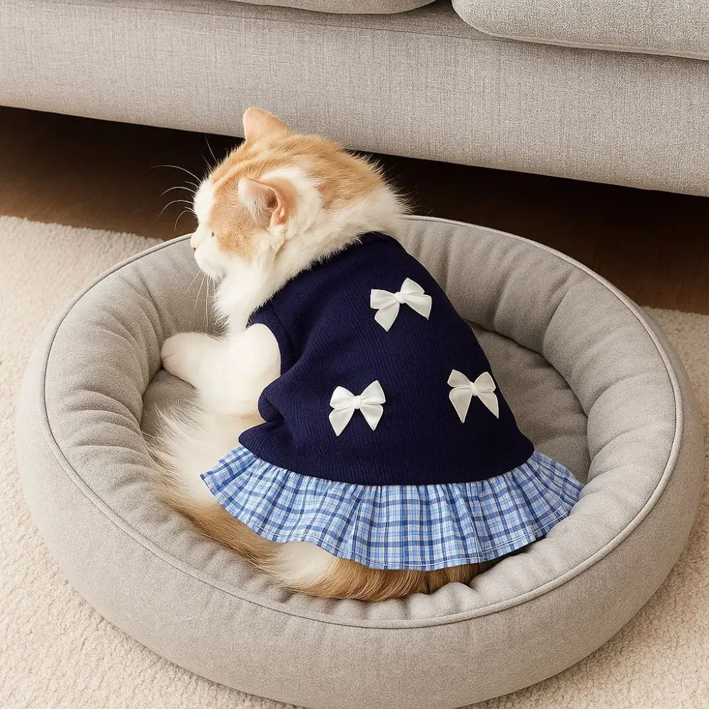 CatsPet Apparel Korean Style Dog Princess Skirt Breathable Thin Pet Strap Dress Bowknot Plaid Soft Pet Summer Clothes for Puppy