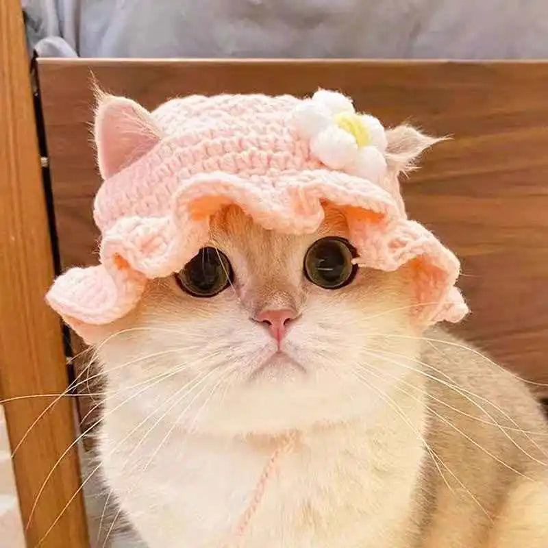 Cat Hat, Cute Flower Crochet Cat Hat Knitted Costume Headwear for Kitten Dog Puppy Pet Small Knit Cap Clothes Decoration