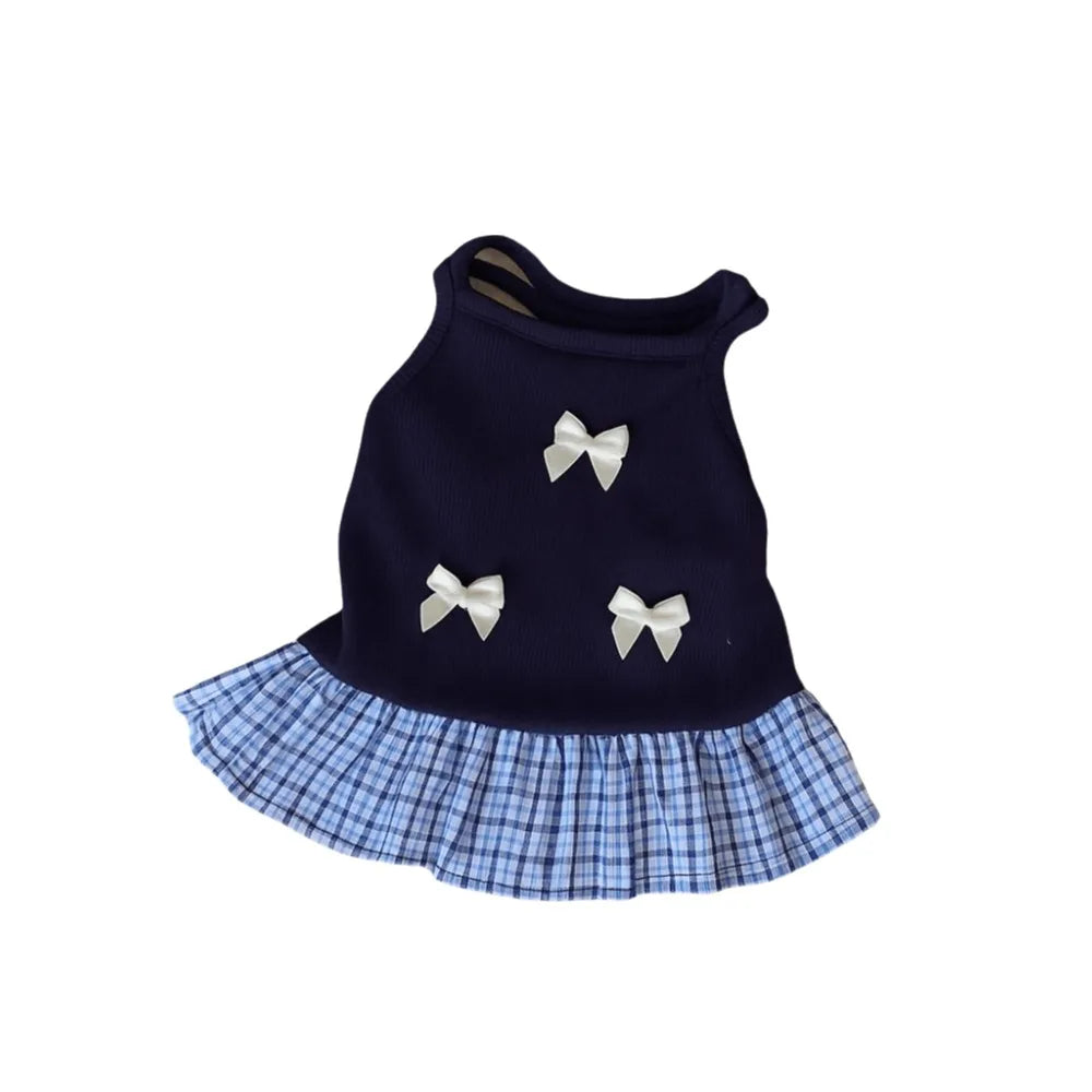 CatsPet Apparel Korean Style Dog Princess Skirt Breathable Thin Pet Strap Dress Bowknot Plaid Soft Pet Summer Clothes for Puppy