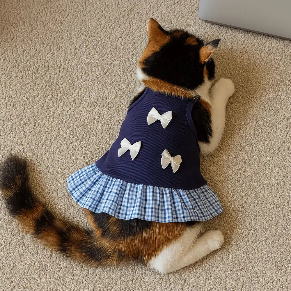 CatsPet Apparel Korean Style Dog Princess Skirt Breathable Thin Pet Strap Dress Bowknot Plaid Soft Pet Summer Clothes for Puppy