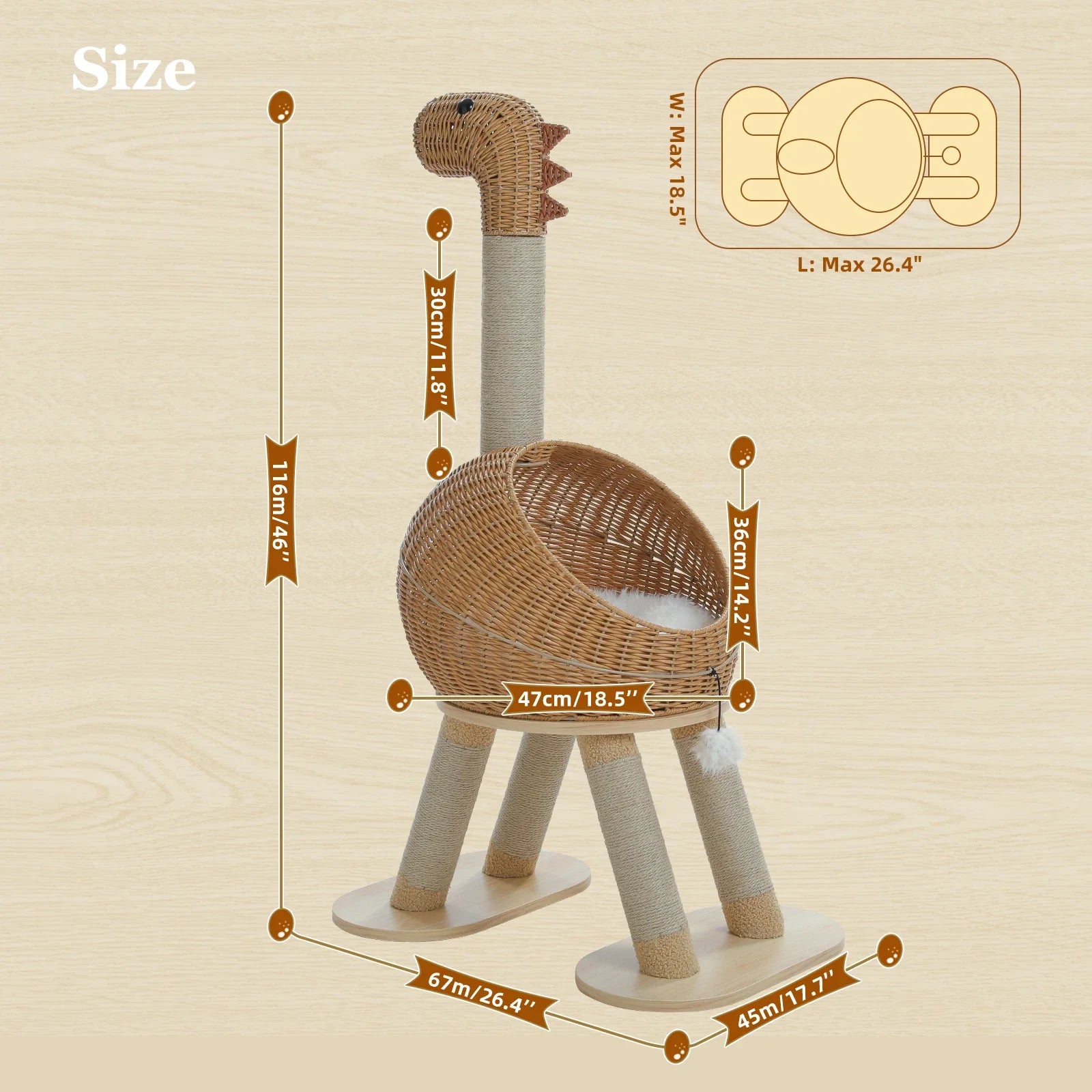 Whimsical Dinosaur Cat Tree Solid Tower with Pillow-Soft Plush Cushion,Removable Mat,Scratching Post, Generous Rattan Nest,116cm